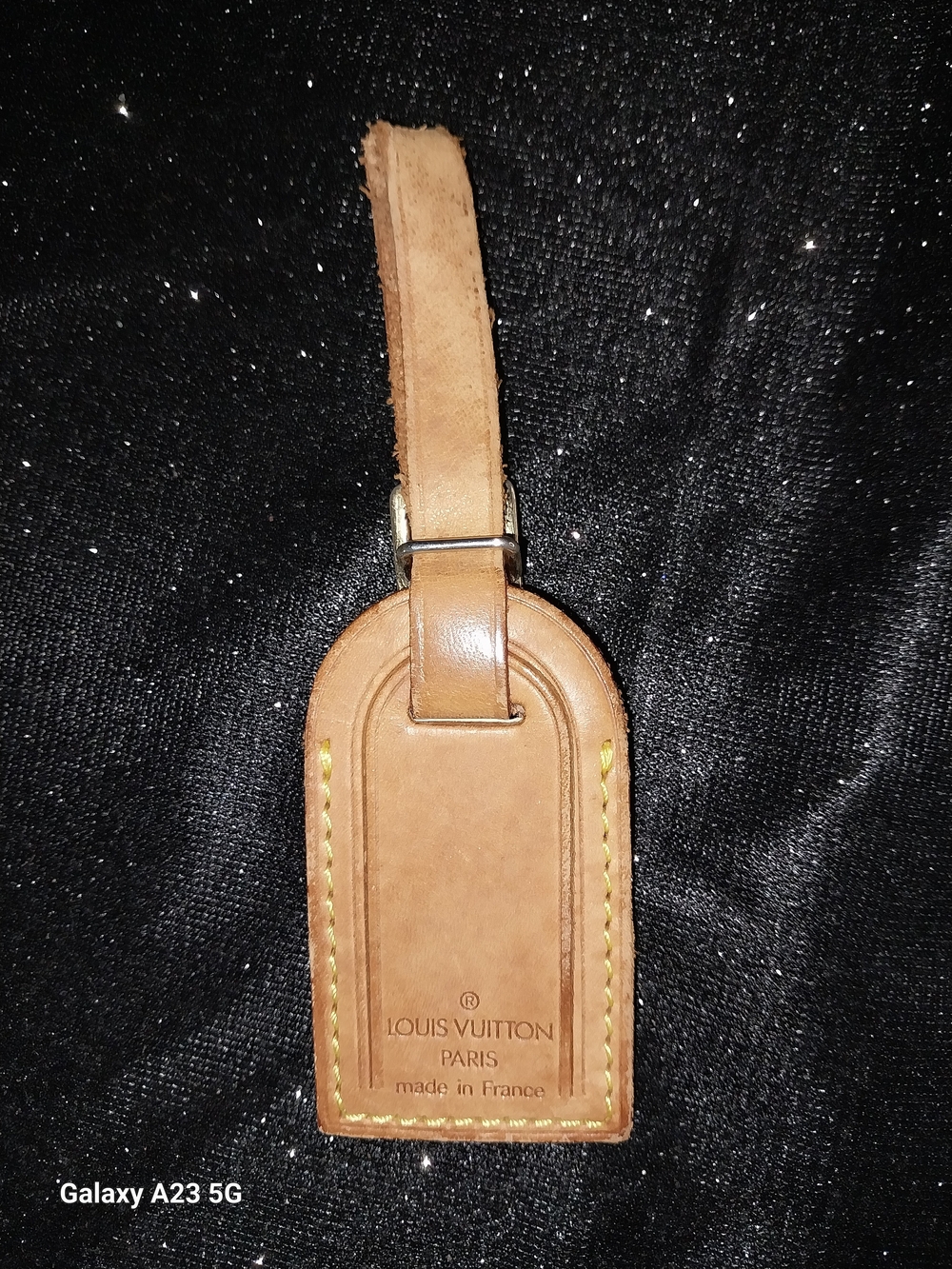 Louis Vuitton Tan Leather Travel Luggage Tag with Yellow Stitching